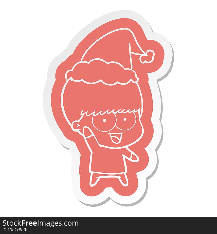 happy quirky cartoon  sticker of a boy waving wearing santa hat