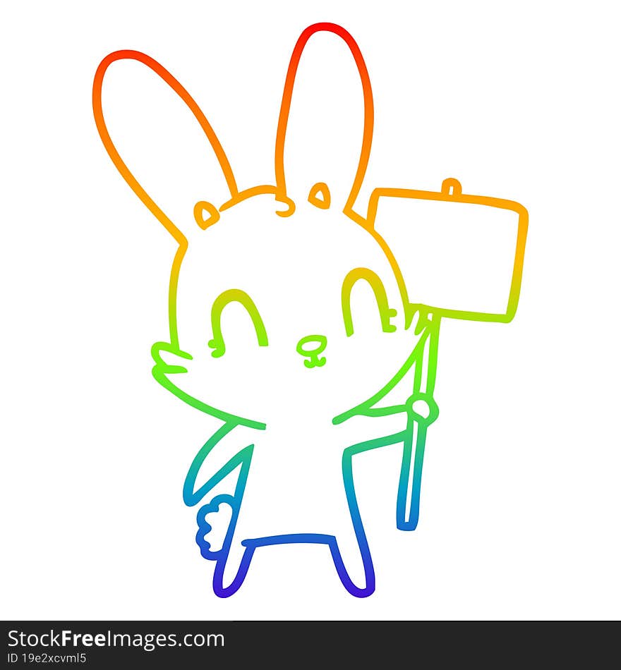 rainbow gradient line drawing of a cute cartoon rabbit with sign