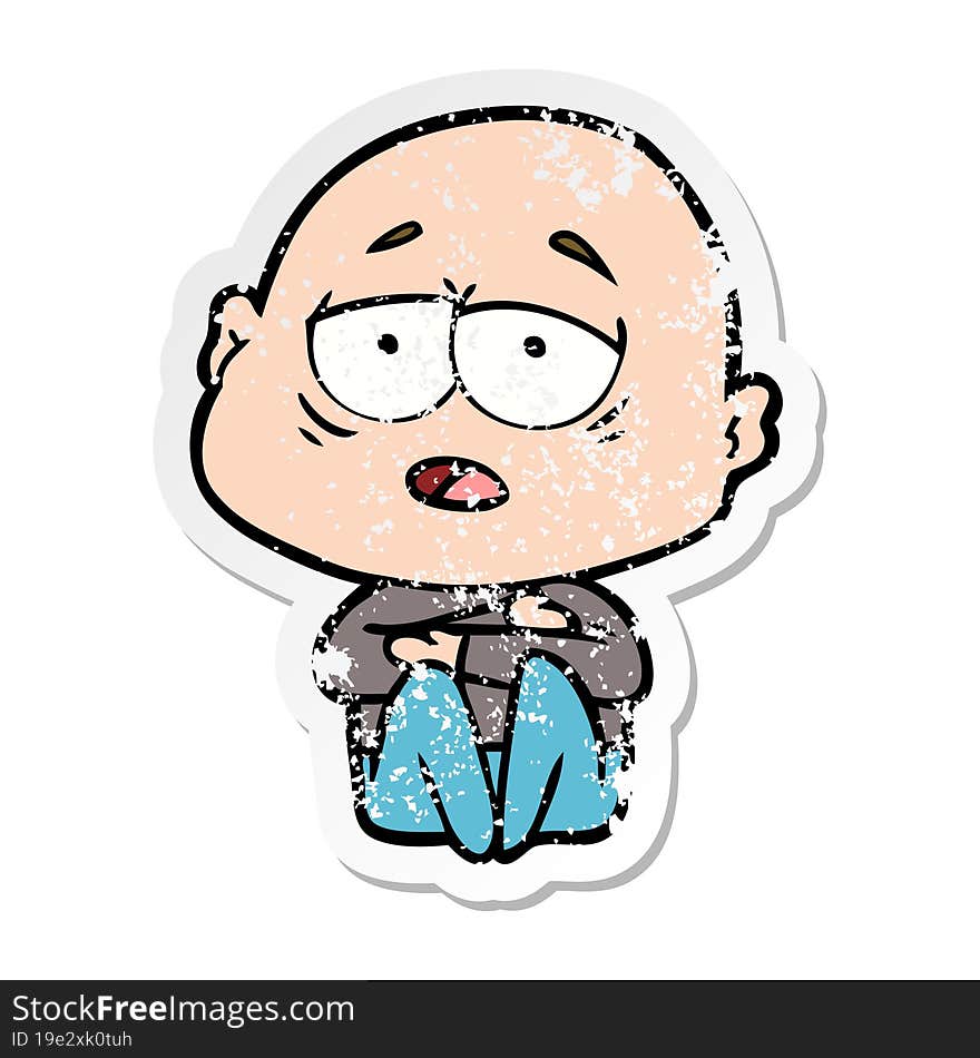 distressed sticker of a cartoon tired bald man