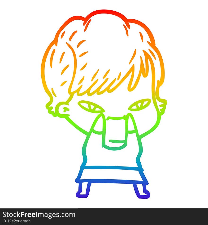 rainbow gradient line drawing of a cartoon happy woman