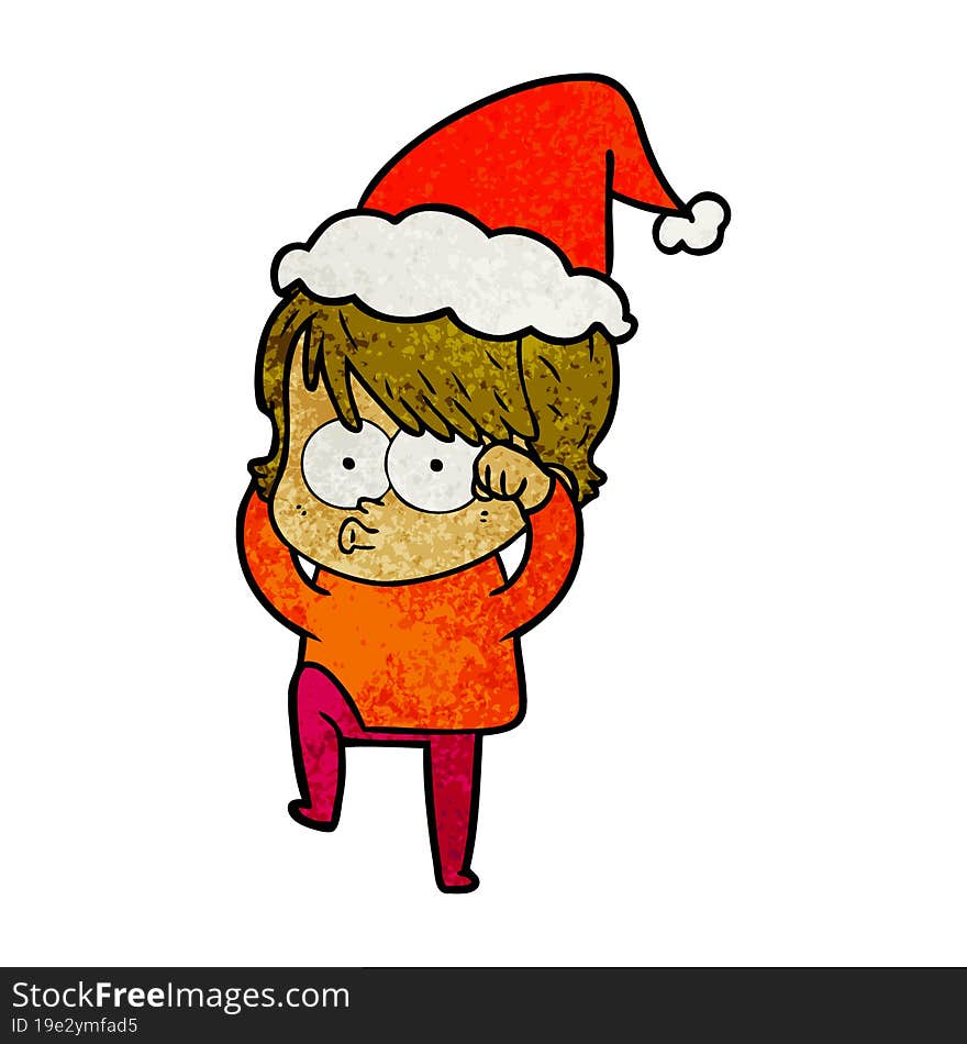 hand drawn textured cartoon of a woman wearing santa hat