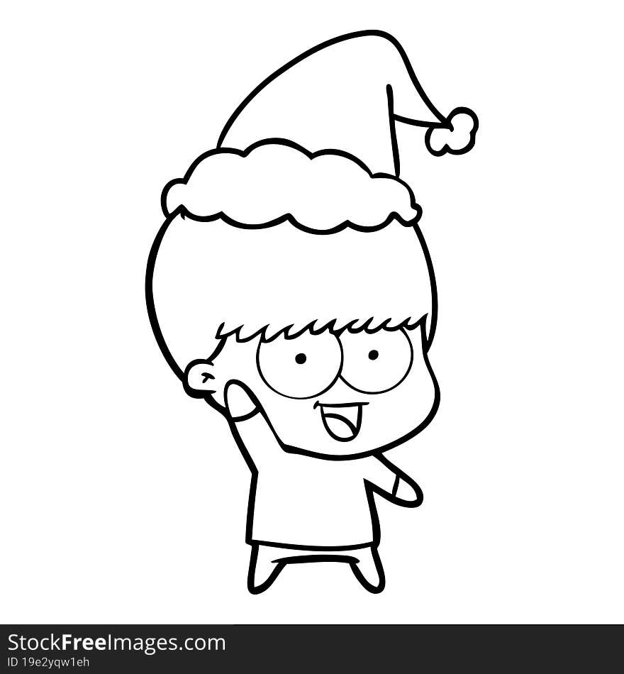 happy line drawing of a boy waving wearing santa hat