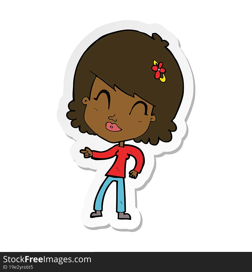 sticker of a cartoon happy woman pointing