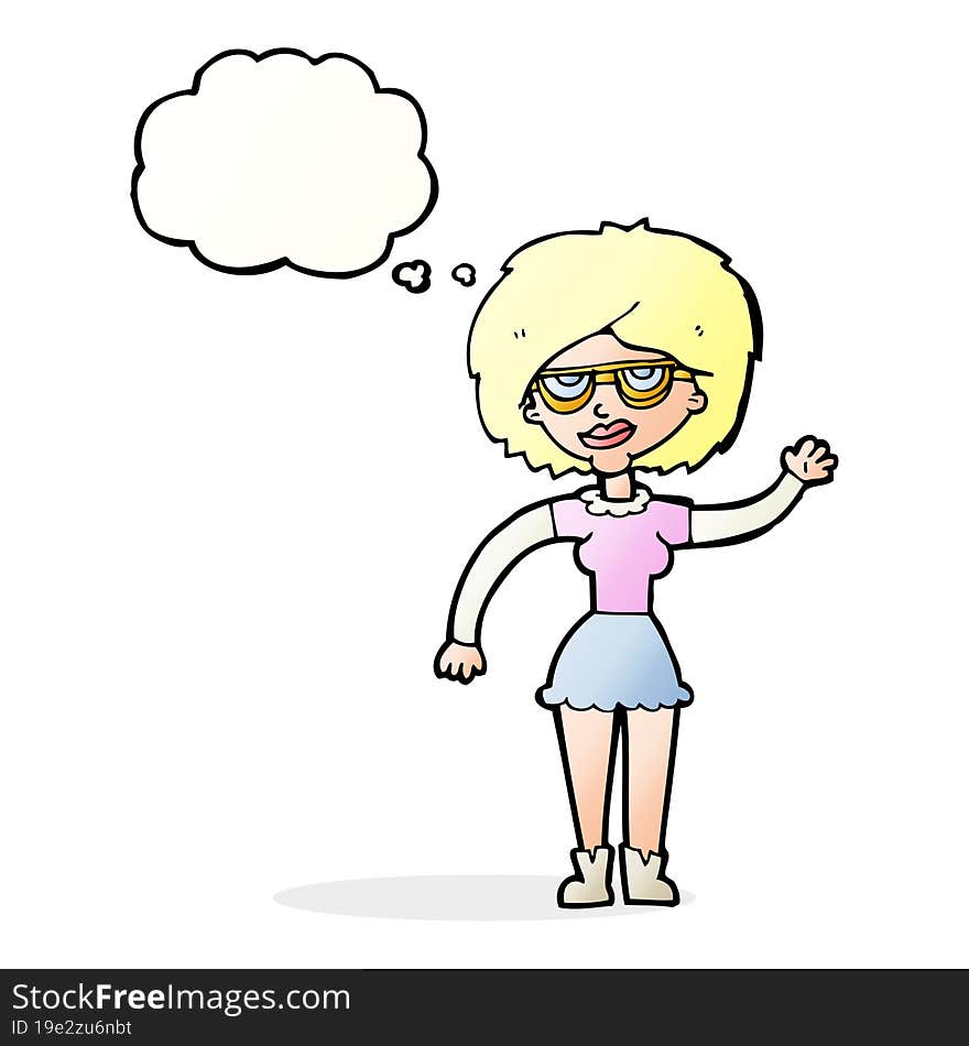 cartoon waving woman wearing spectacles with thought bubble