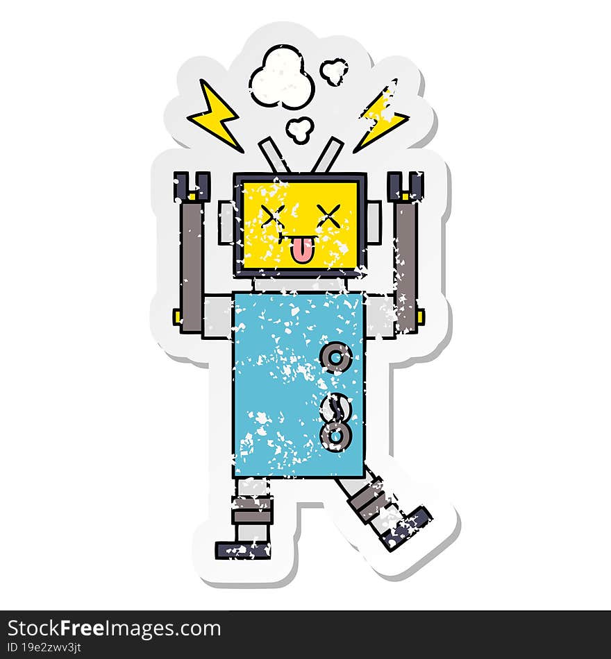 Distressed Sticker Of A Cute Cartoon Robot Malfunction