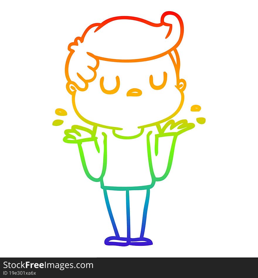 rainbow gradient line drawing of a cartoon aloof man shrugging shoulders