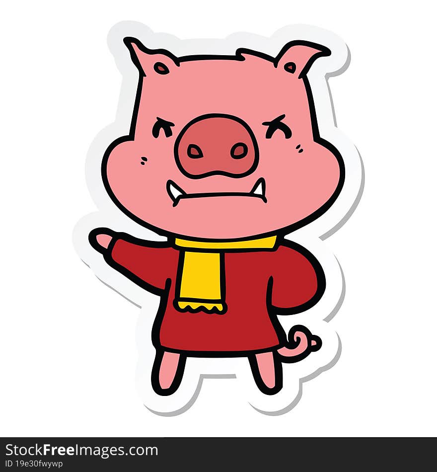 sticker of a angry cartoon pig in winter clothes