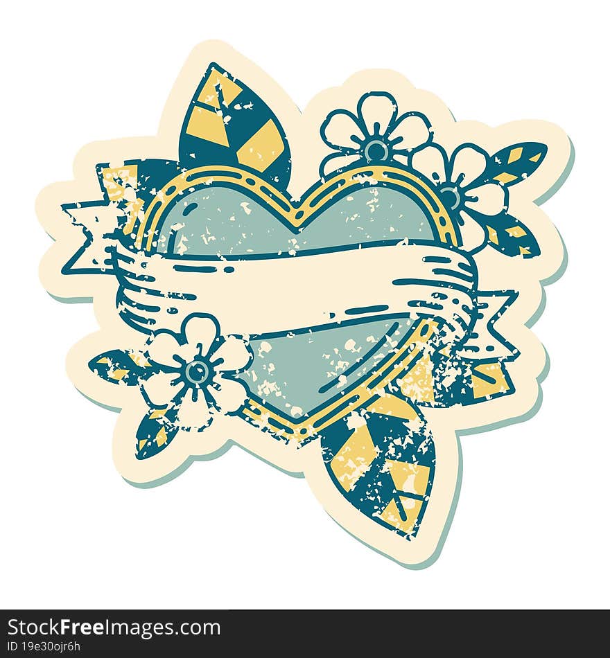 Distressed Sticker Tattoo Style Icon Of A Heart And Banner