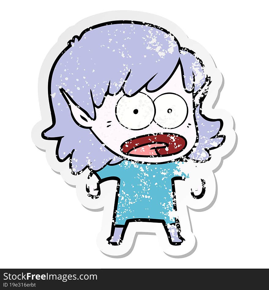 distressed sticker of a cartoon shocked elf girl