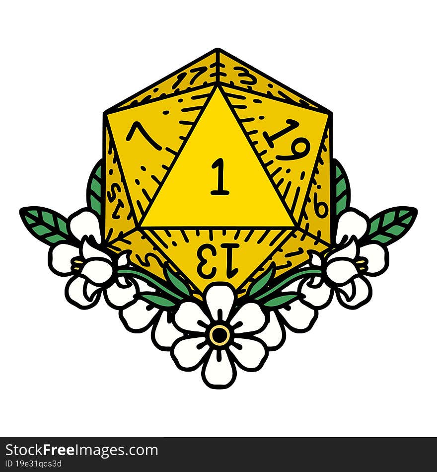 natural one dice roll with floral elements illustration