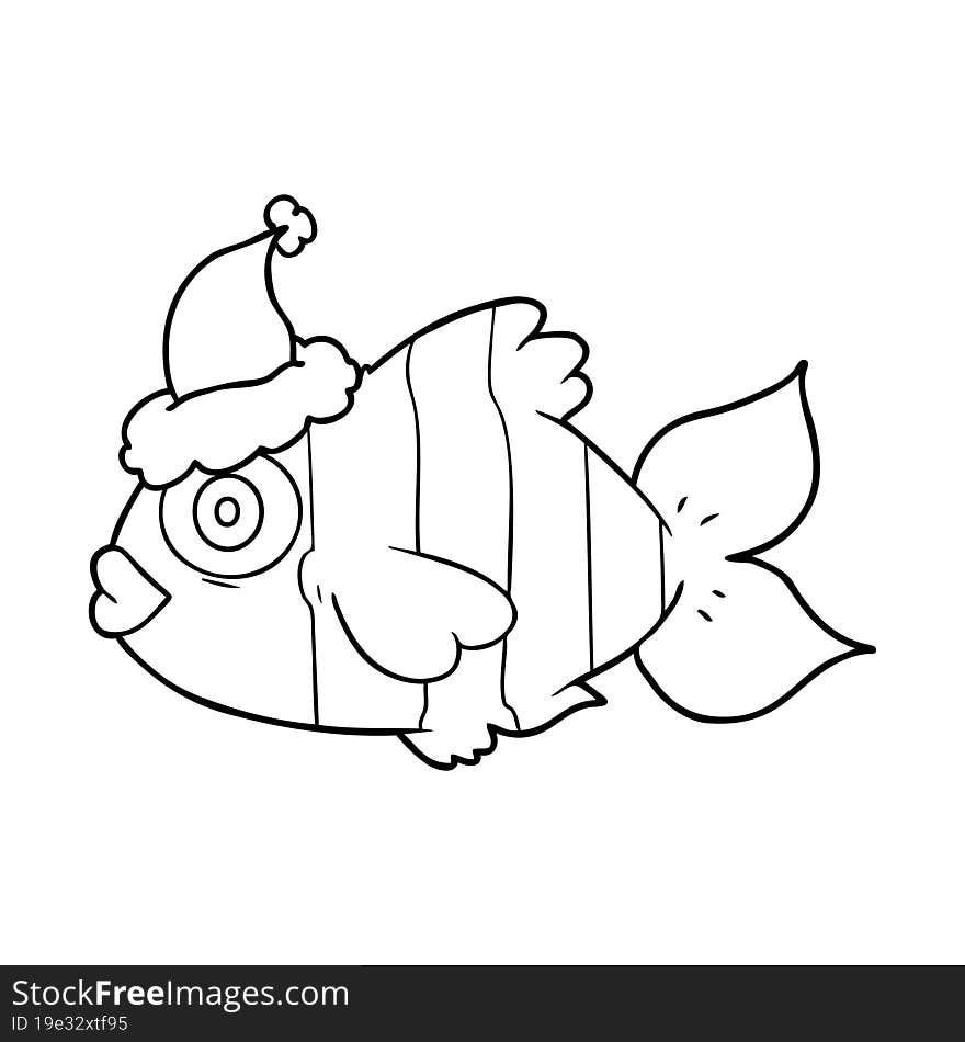 line drawing of a exotic fish wearing santa hat