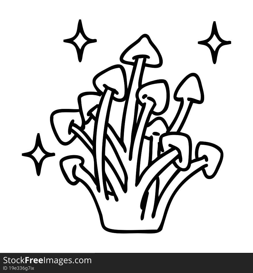 line doodle of magic mushrooms happily growing in the wild. line doodle of magic mushrooms happily growing in the wild