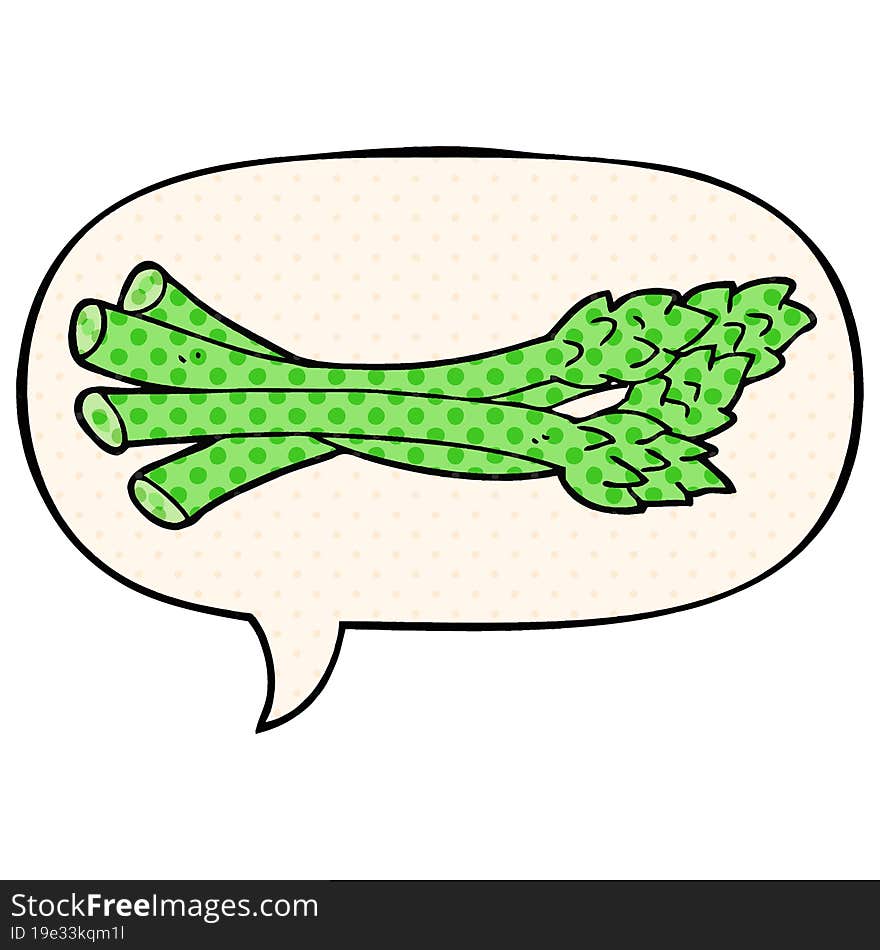 cartoon asparagus with speech bubble in comic book style