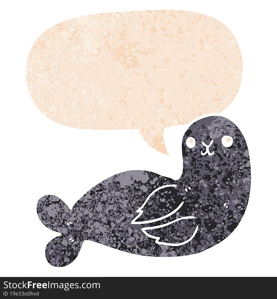 cartoon seal and speech bubble in retro textured style