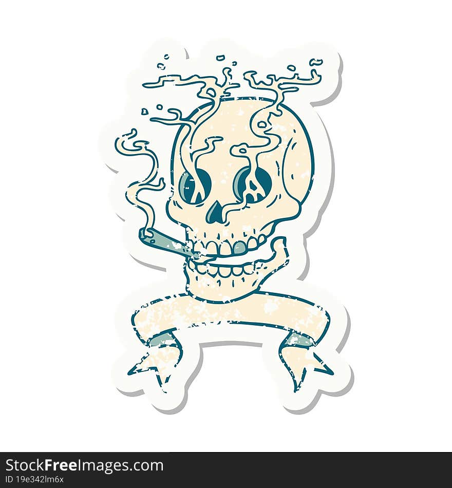 grunge sticker with banner of a skull smoking