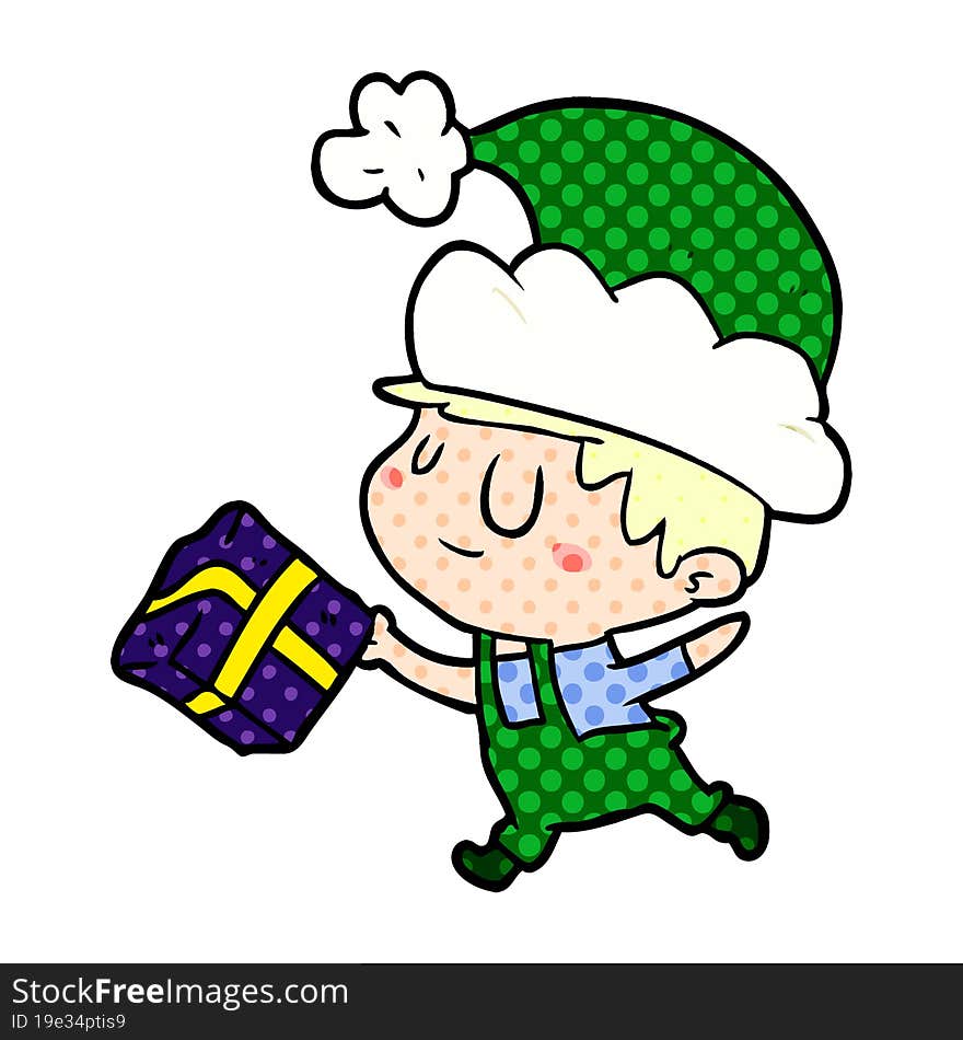 cartoon happy christmas elf with present. cartoon happy christmas elf with present