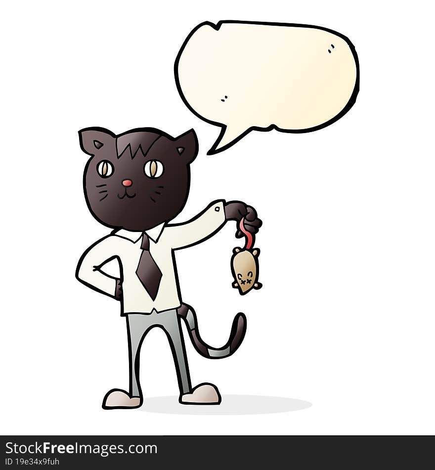 cartoon business cat with dead mouse with speech bubble