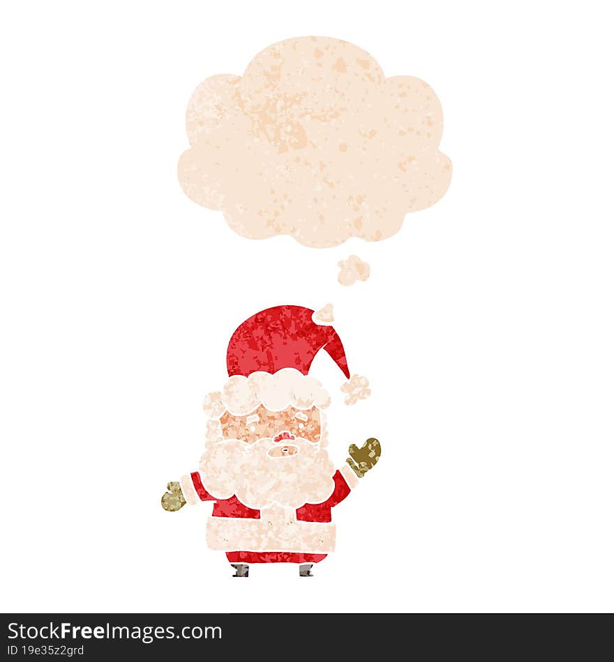 cartoon santa claus and thought bubble in retro textured style