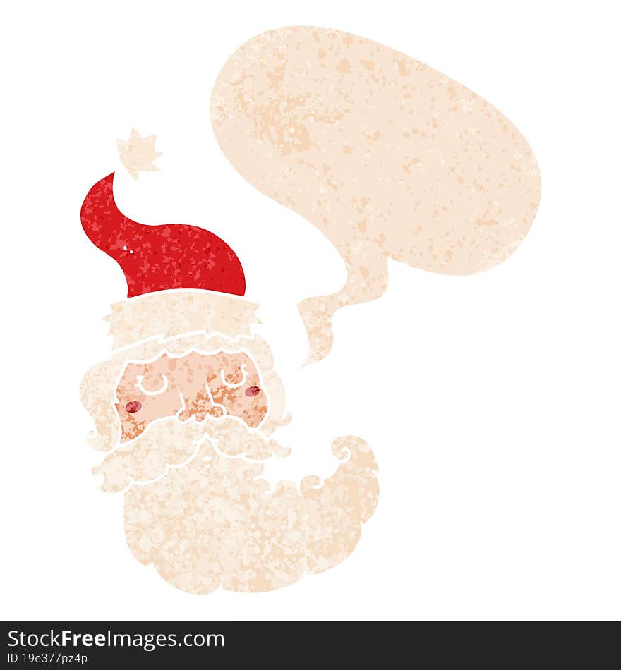 cartoon santa face and speech bubble in retro textured style