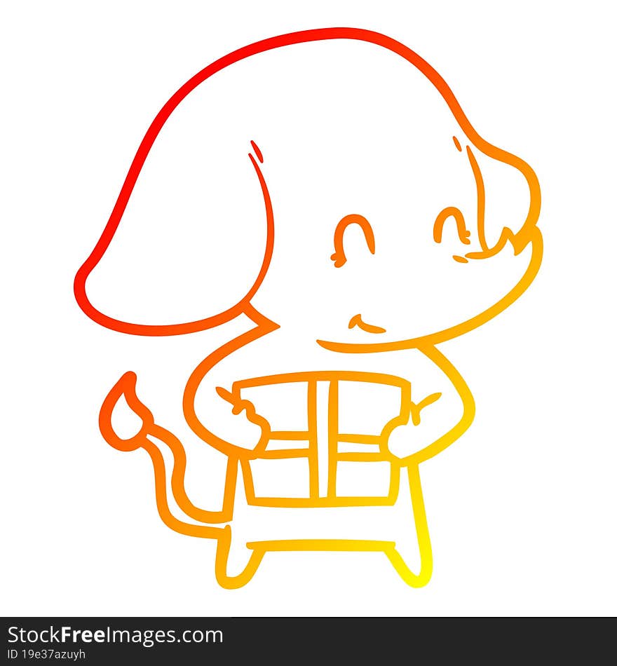 warm gradient line drawing of a cute cartoon elephant with present