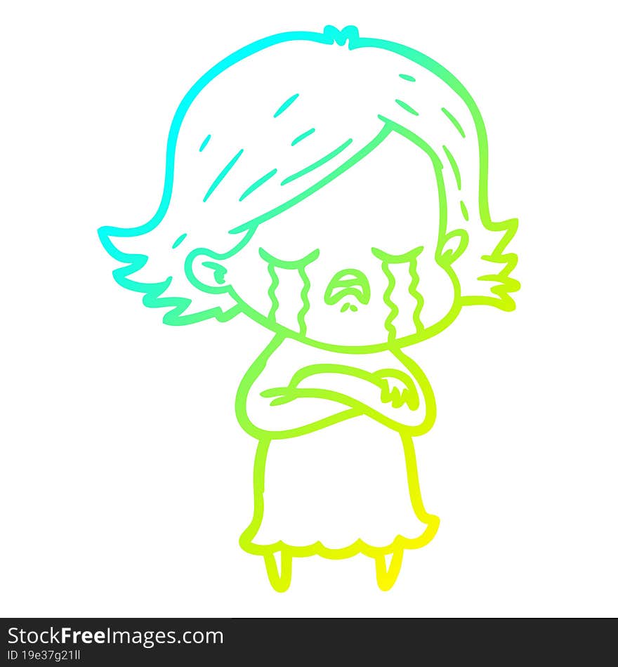 cold gradient line drawing of a cartoon girl crying