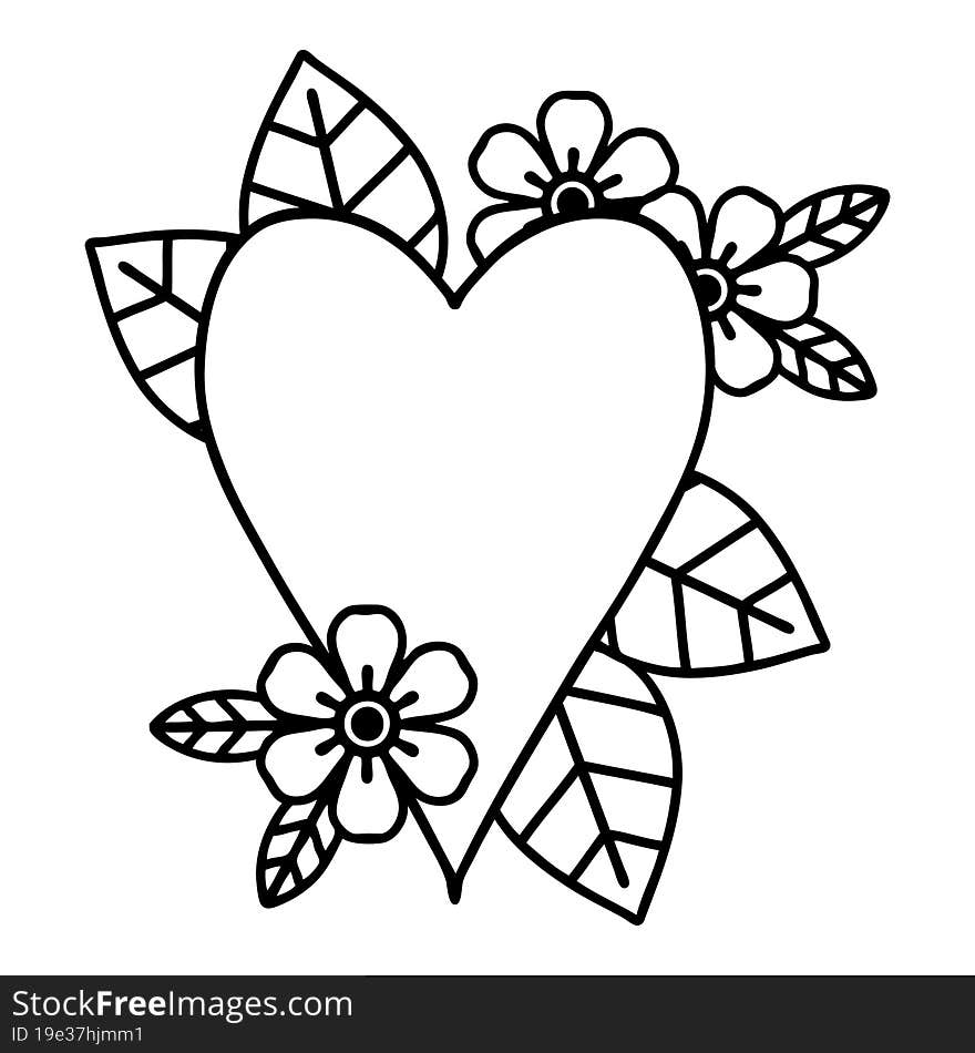 black line tattoo of a botanical heart