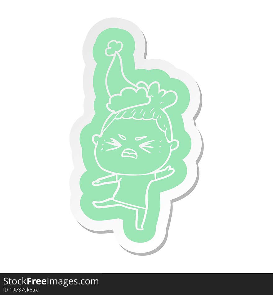 Cartoon  Sticker Of A Angry Woman Wearing Santa Hat