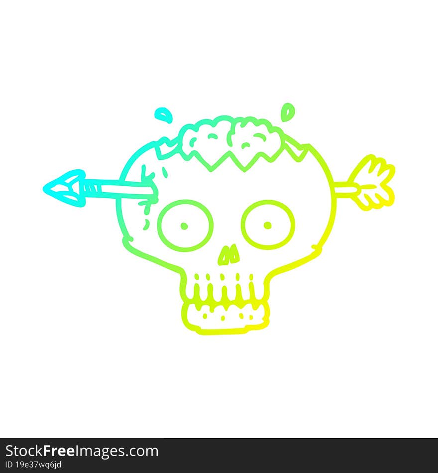 Cold Gradient Line Drawing Cartoon Skull With Arrow Through Brain