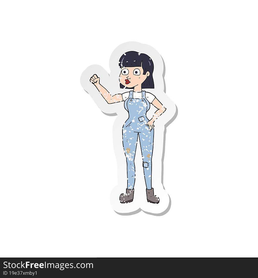 Retro Distressed Sticker Of A Cartoon Woman Clenching Fist