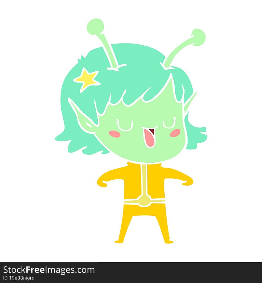 Happy Alien Girl Flat Color Style Cartoon