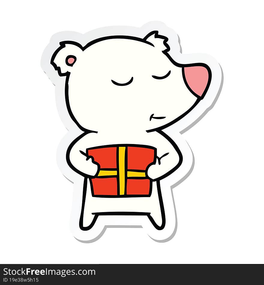 Sticker Of A Happy Cartoon Polar Bear With Present