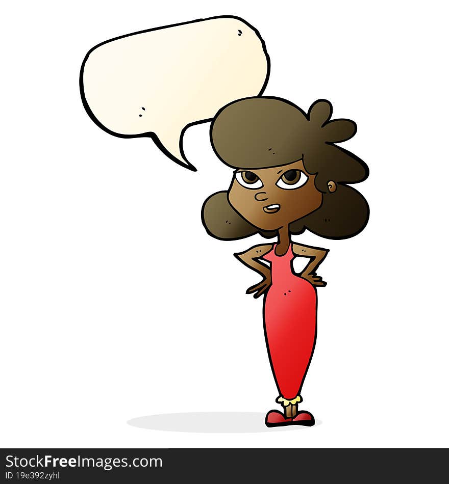 cartoon girl with hands on hips with speech bubble