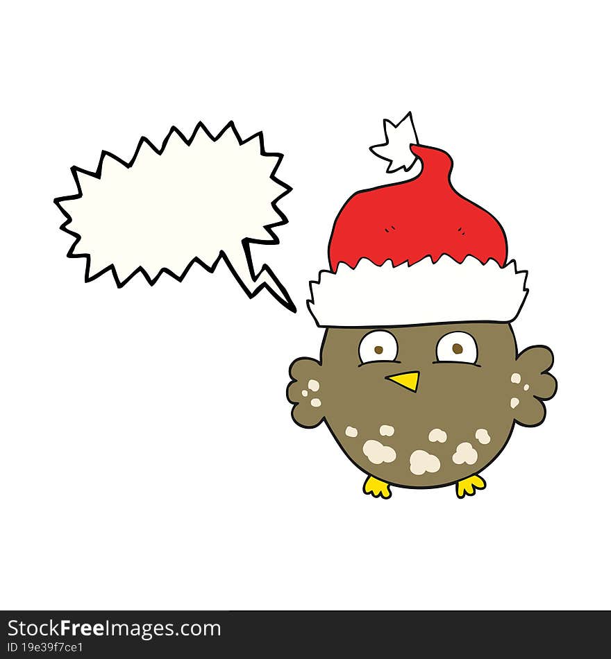 freehand drawn speech bubble cartoon owl wearing christmas hat