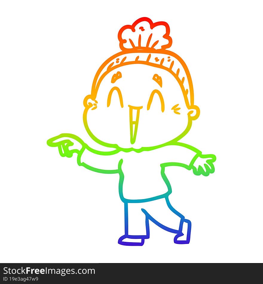 rainbow gradient line drawing of a cartoon happy old lady