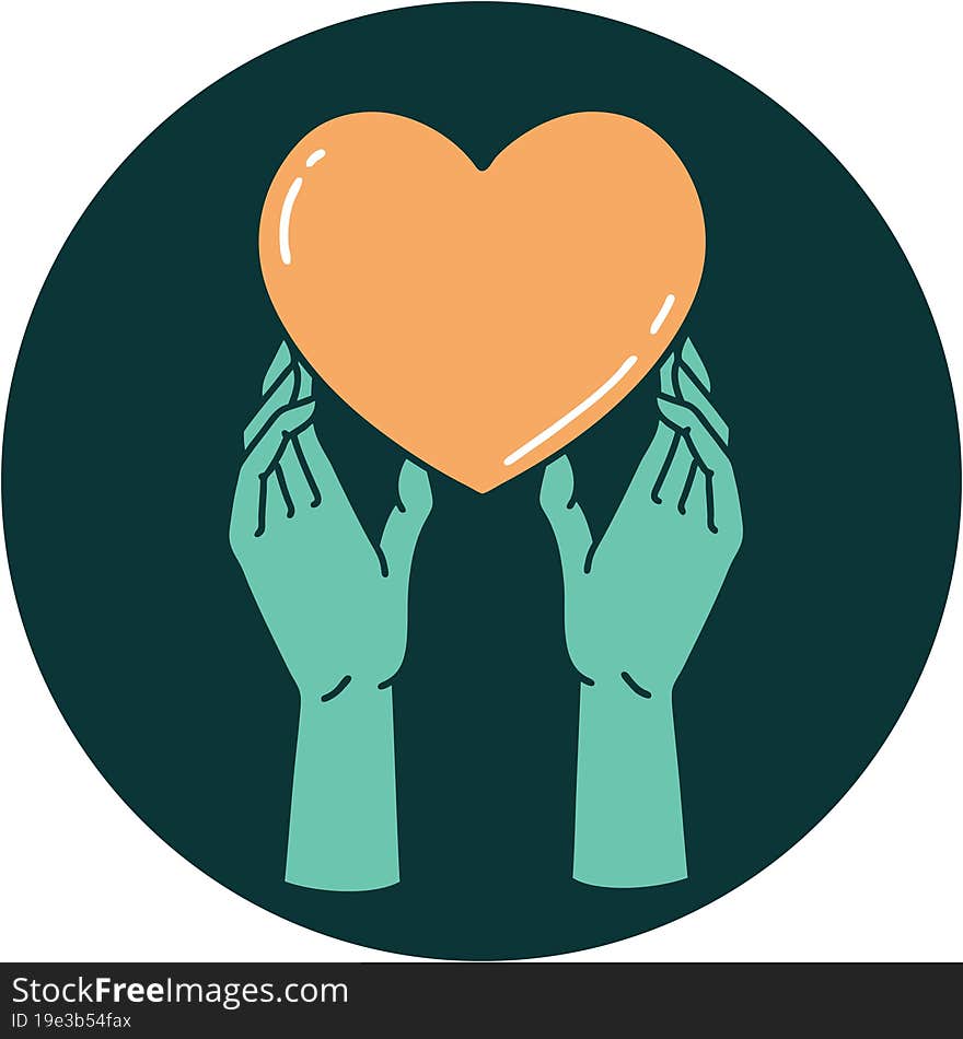 iconic tattoo style image of hands reaching for a heart. iconic tattoo style image of hands reaching for a heart