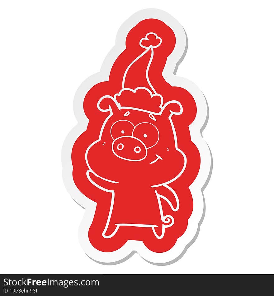 happy cartoon  sticker of a pig wearing santa hat