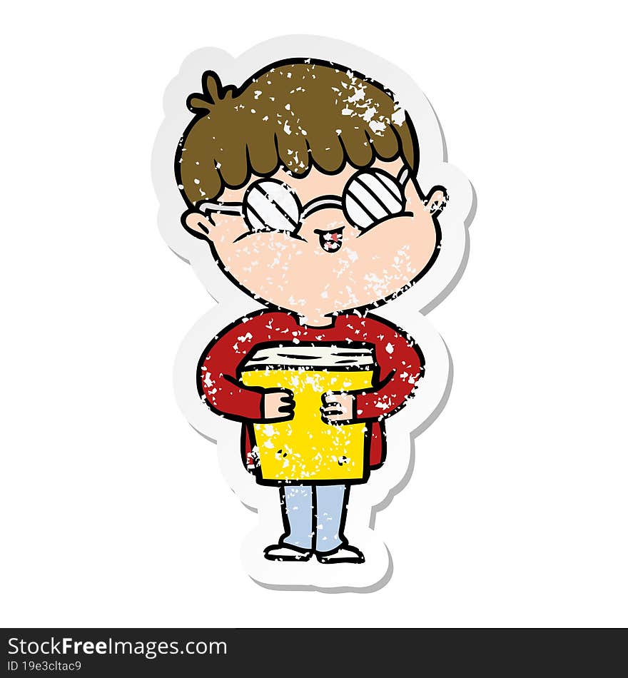 Distressed Sticker Of A Cartoon Boy Wearing Spectacles Carrying Book