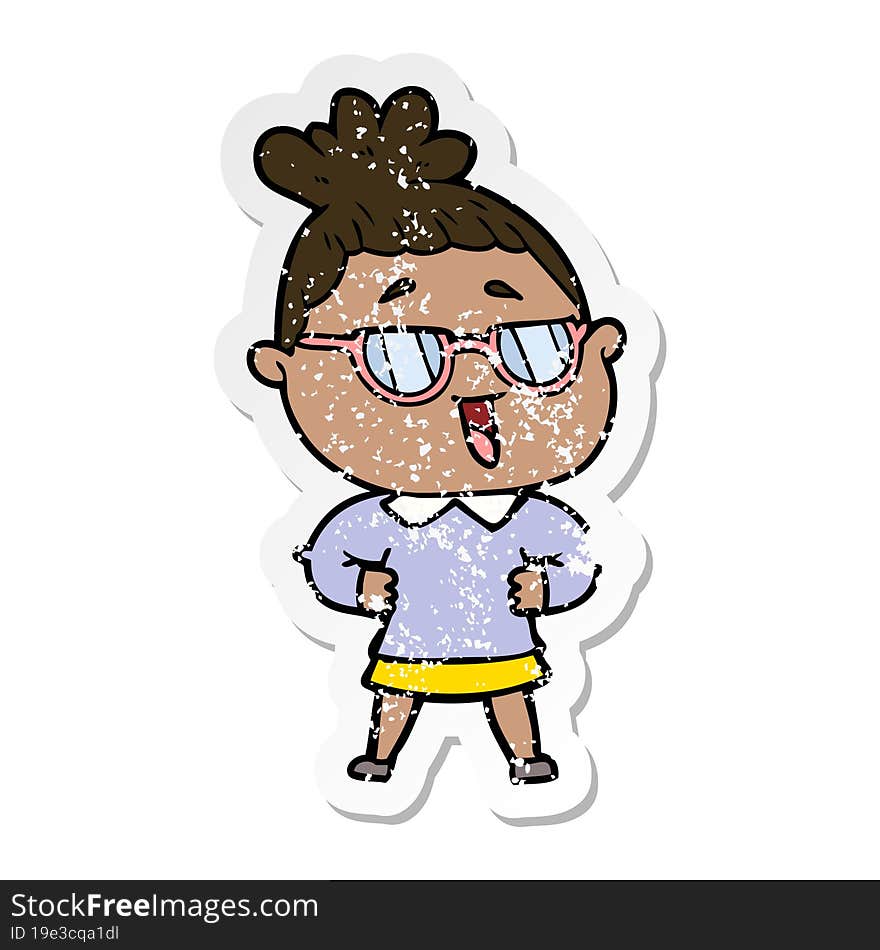 distressed sticker of a cartoon happy woman wearing spectacles