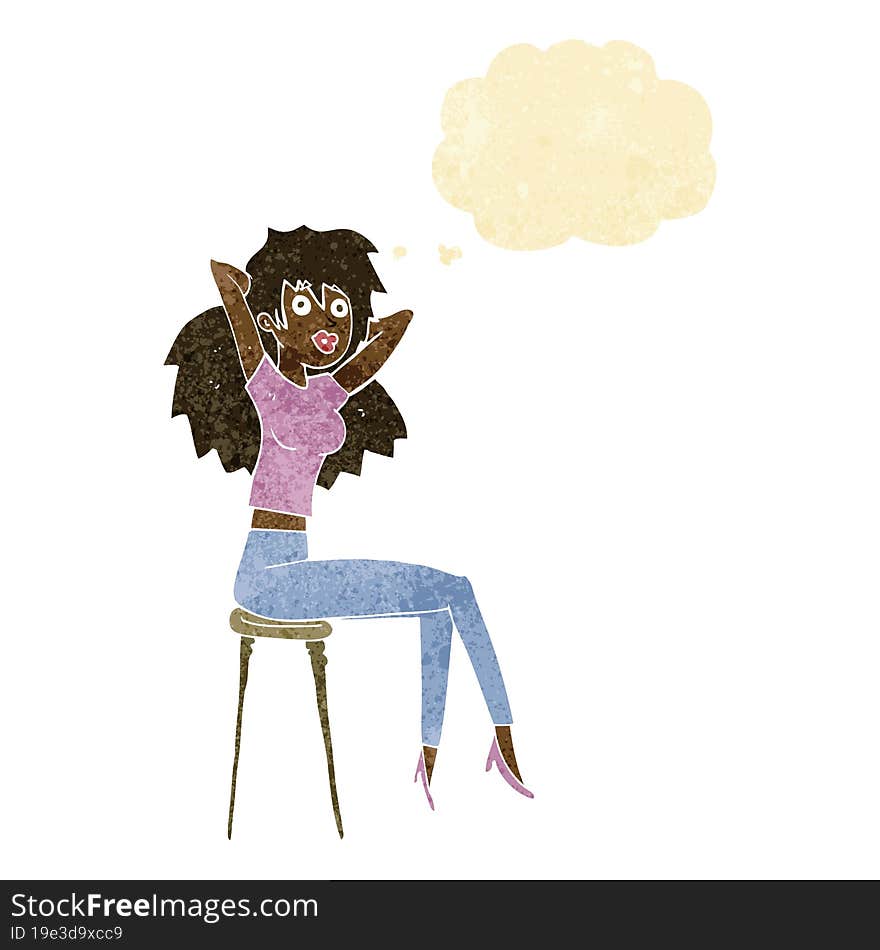 cartoon woman posing on stool with thought bubble