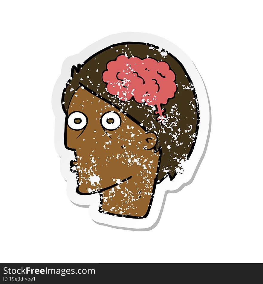 Retro Distressed Sticker Of A Cartoon Head With Brain Symbol