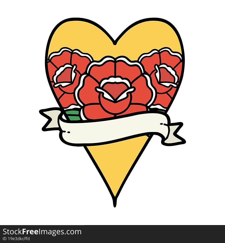 tattoo in traditional style of a heart and banner with flowers. tattoo in traditional style of a heart and banner with flowers