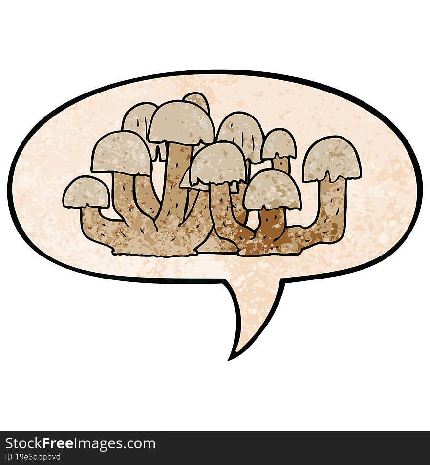 cartoon mushroom and speech bubble in retro texture style