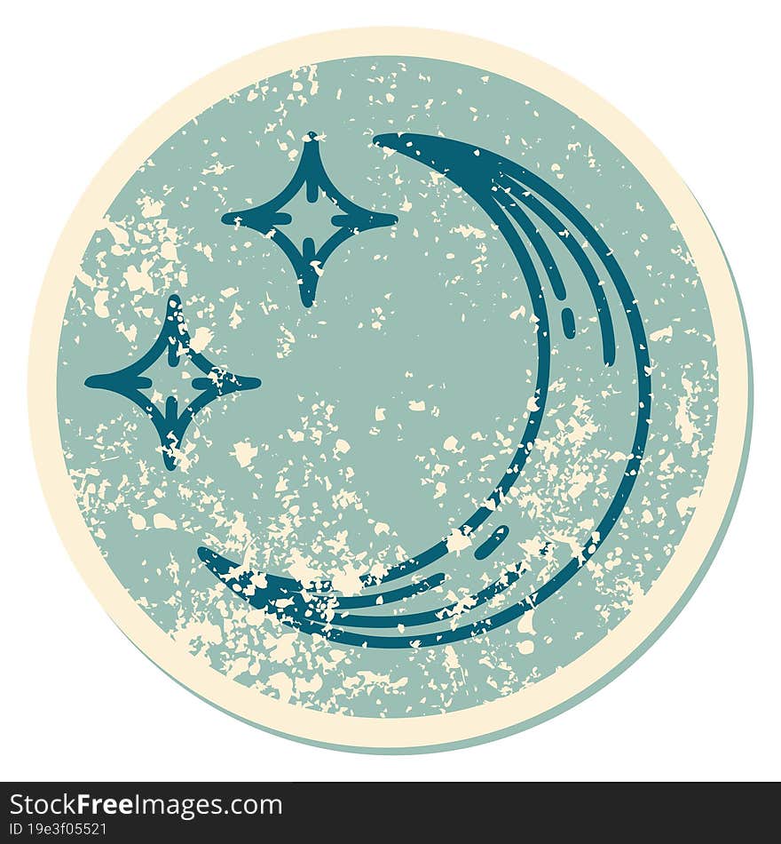 iconic distressed sticker tattoo style image of a moon and stars. iconic distressed sticker tattoo style image of a moon and stars