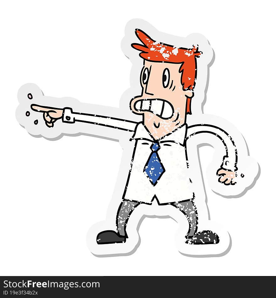 distressed sticker cartoon doodle man pointing looking worried