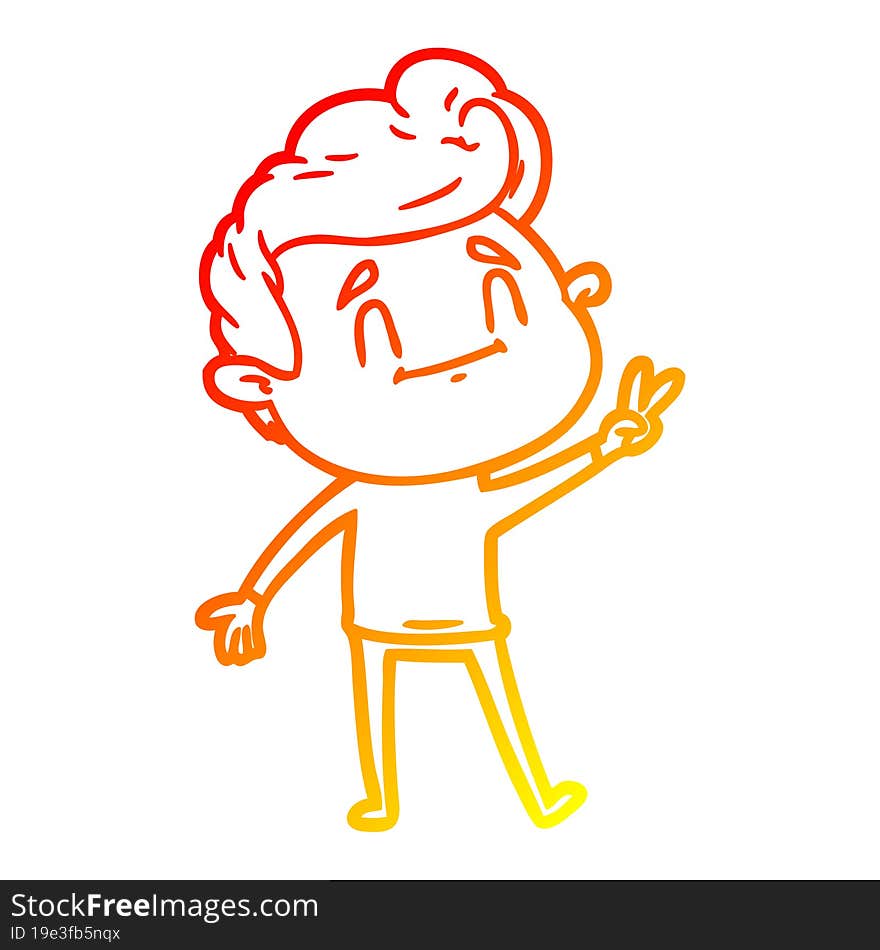 warm gradient line drawing of a happy cartoon man giving a peace sign