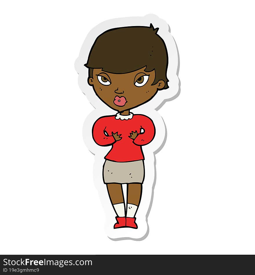 sticker of a cartoon woman gesturing at self