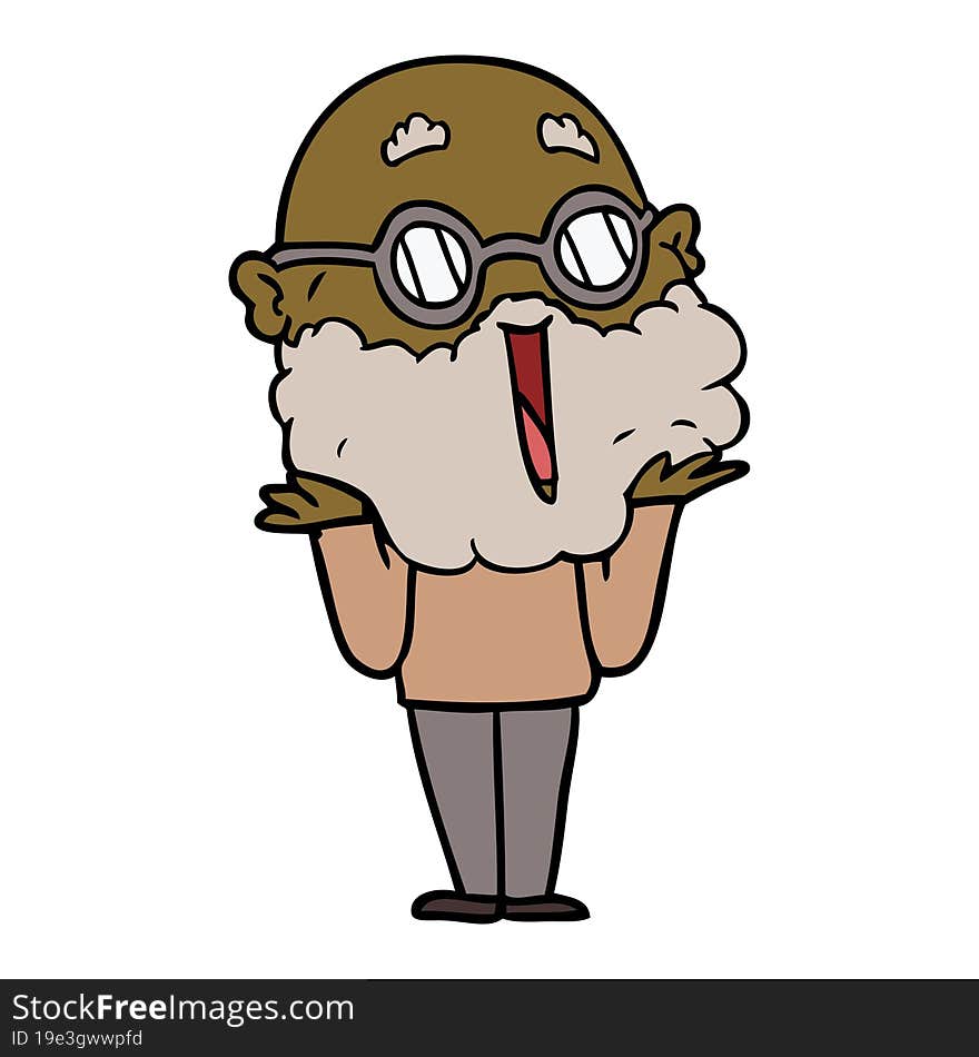 cartoon joyful man with beard shrugging. cartoon joyful man with beard shrugging