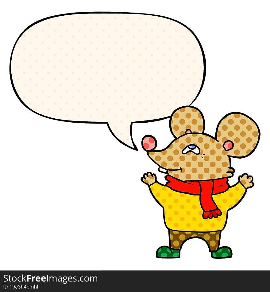 cartoon mouse wearing scarf with speech bubble in comic book style