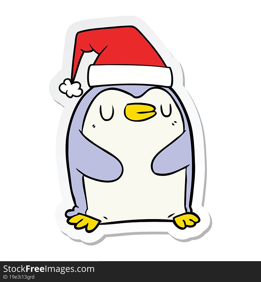 Sticker Of A Cartoon Penguin Wearing Christmas Hat