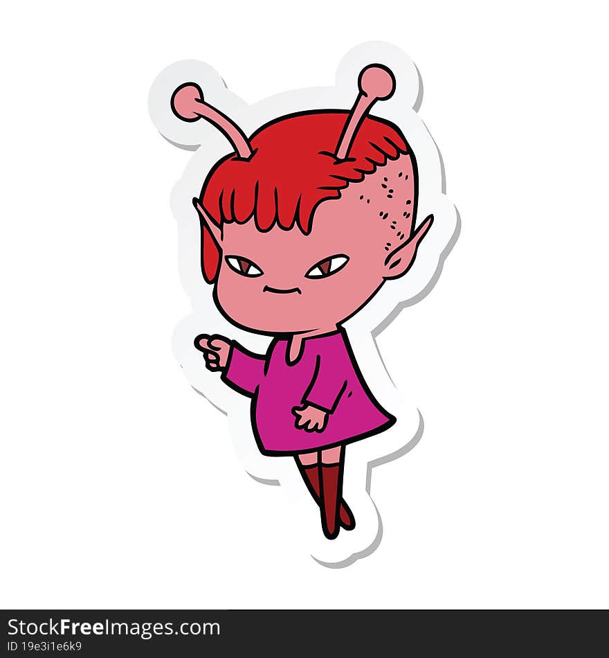 sticker of a cute cartoon alien girl